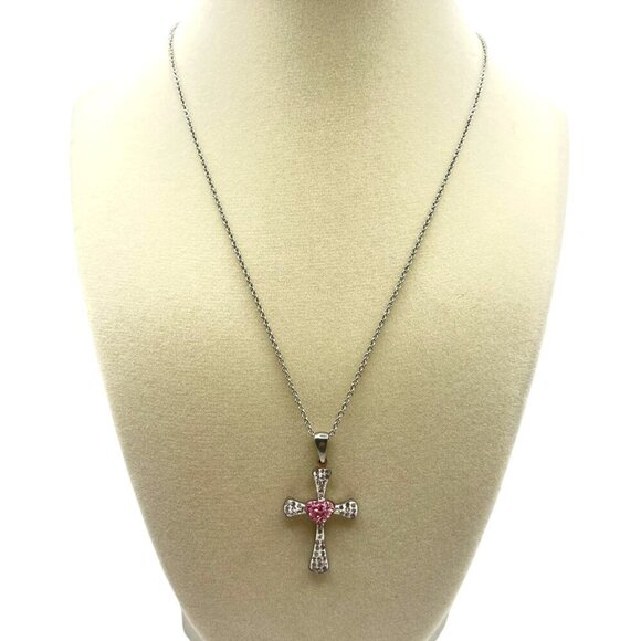 Stainless Steel Rhinestone Cross Pendant Chain Necklace Silver Pink Bling Girlie - Picture 3 of 3